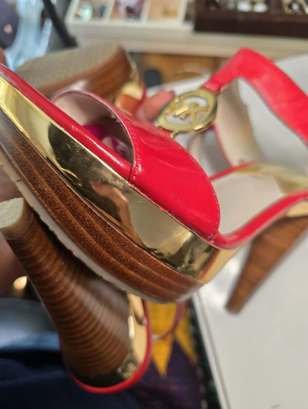 💥💥💥SALE!!!Michael Kors Red Patent Leather T-Strap Heels with Gold MK Accent